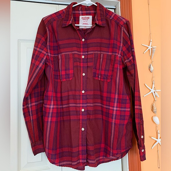 Mossimo Supply Co. Tops - Mossimo Red Purple Plaid Long Sleeve Button Flannel Size Medium